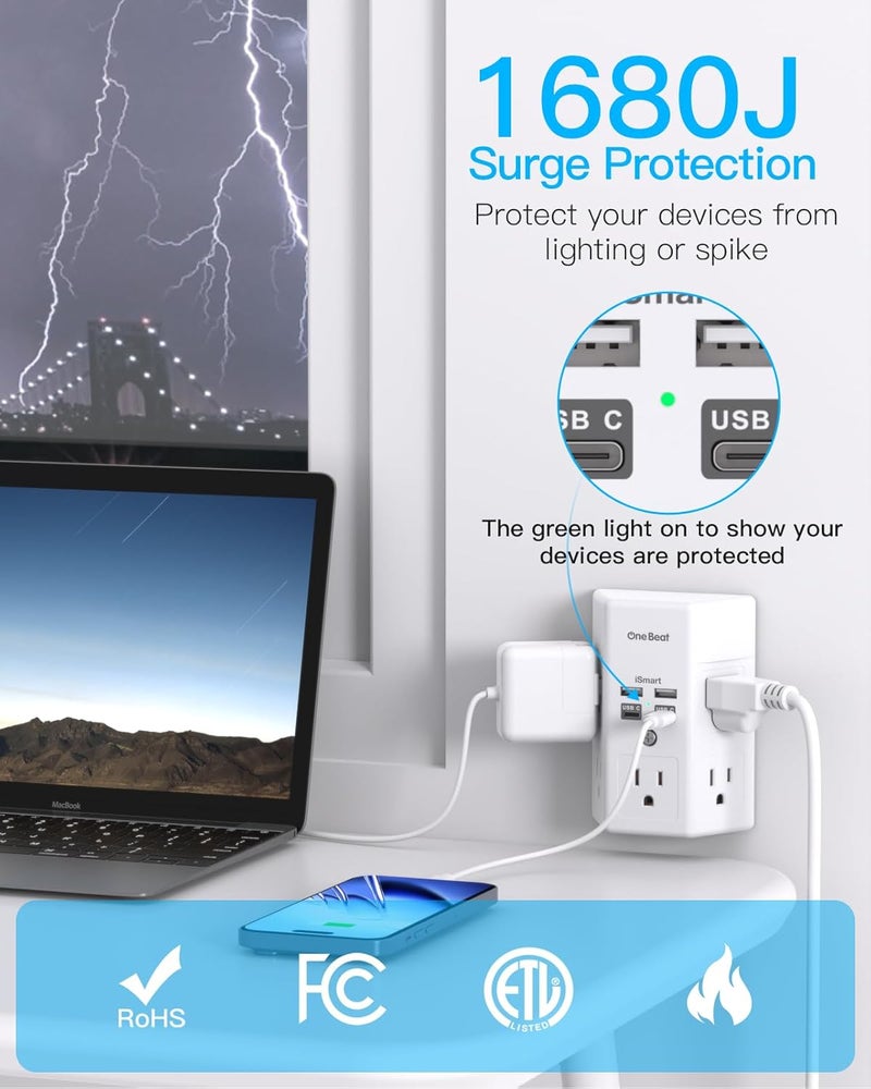 One Beat 1680J 3 Side Power Strip Multi Plug Expander, Surge Protector, 5 Outlets Extender, 4 USB Ports (USB C), Wall Mount Charger, Outlet Splitter Adapter for Home, Travel, Office, ETL Listed, White - Image 5